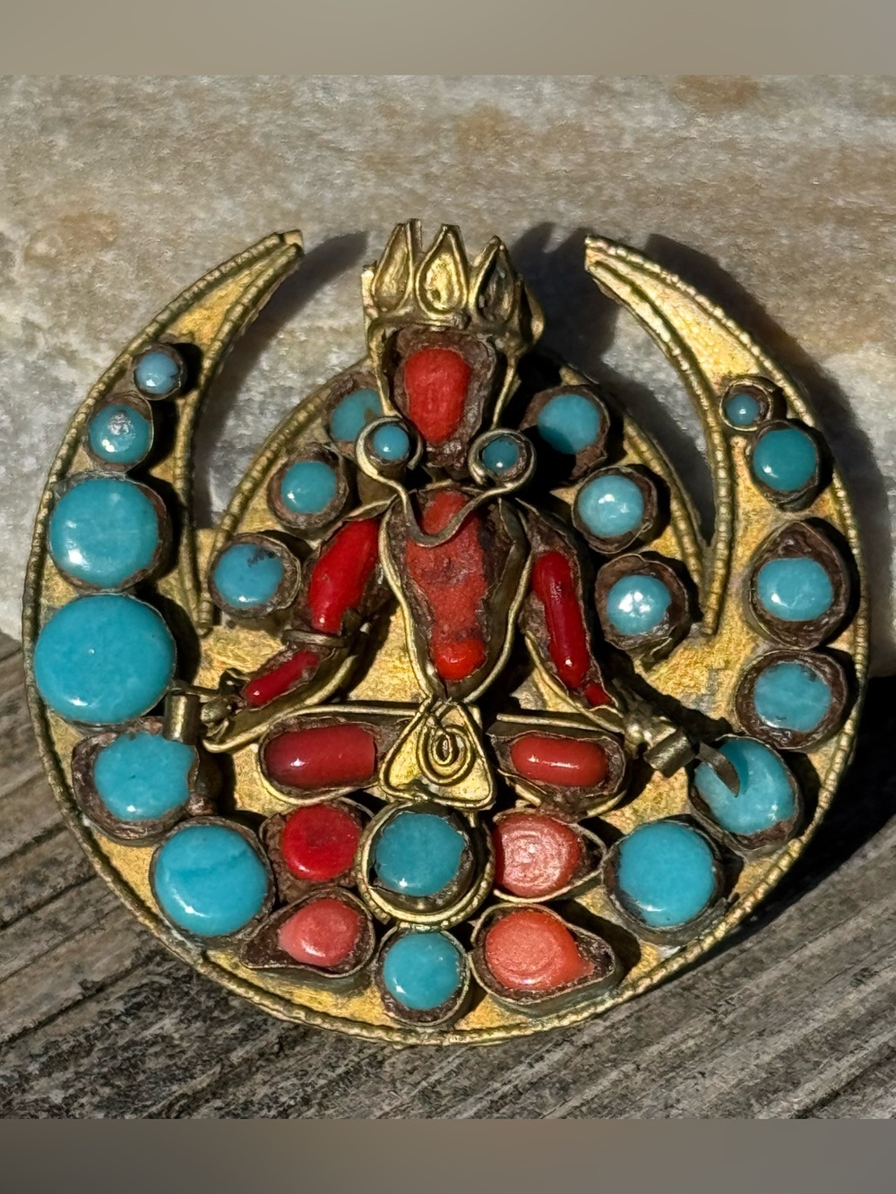 Very RARE Antique Vintage Tibetan Handcrafted Red and Turquoise Buddhist Brooch